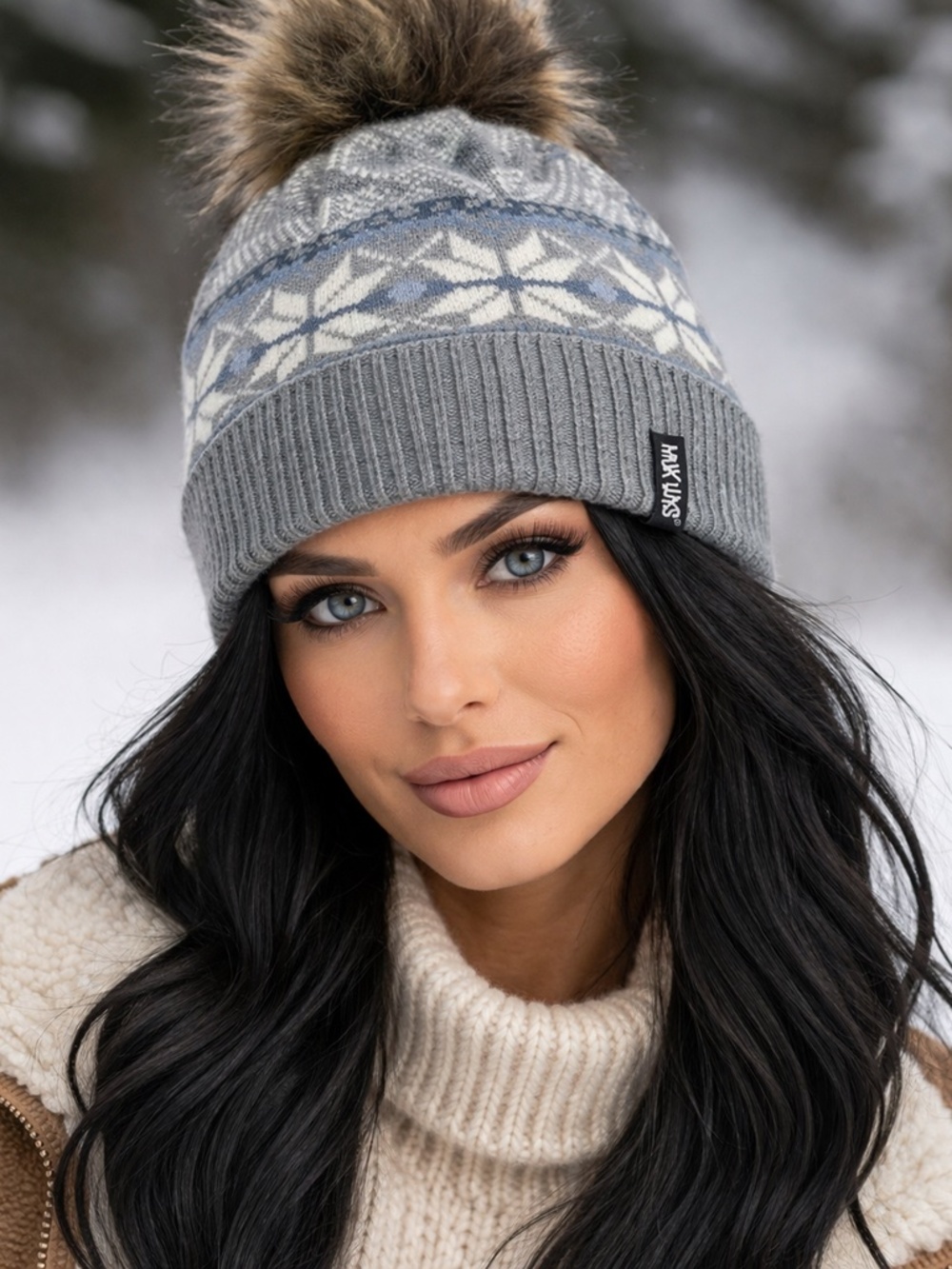Muk Luks Fair Isle Pom Beanie Gray Blue Knit Winter Hat Faux Fur Pom Ski Hat